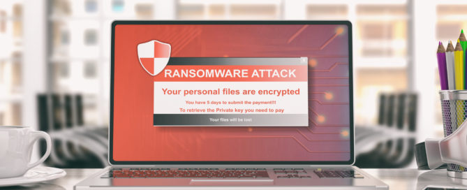 Ransomware alert on a laptop screen - office background. 3d illustration